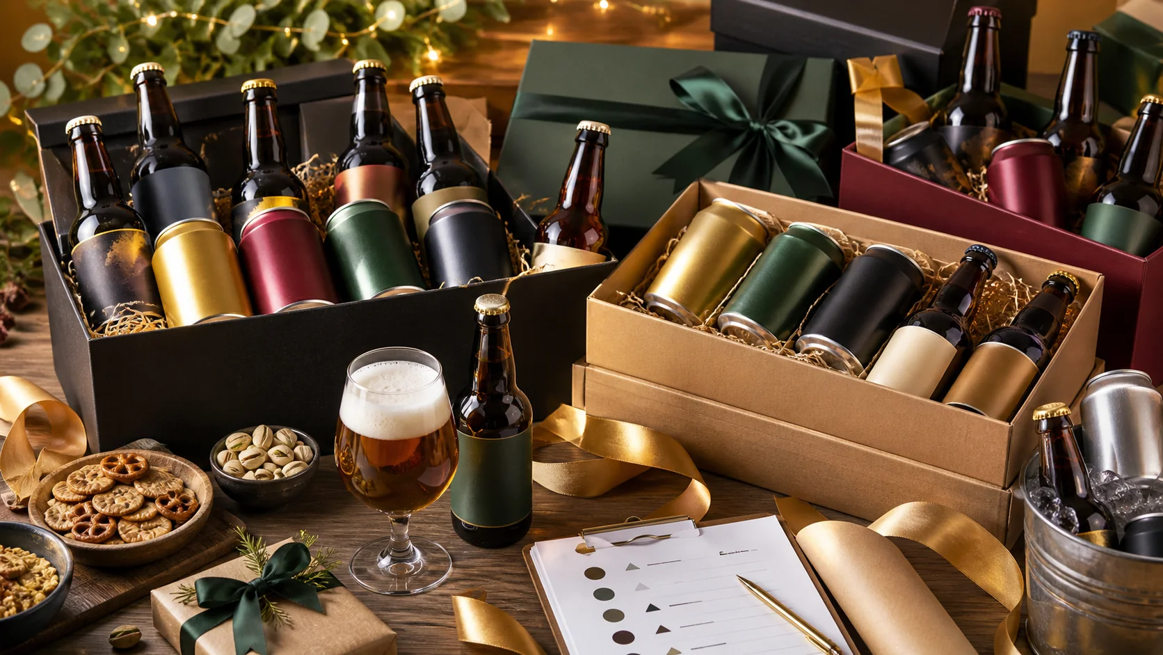 Beer gift boxes with mixed bottles, cans, snacks, ribbons, and tasting cards.