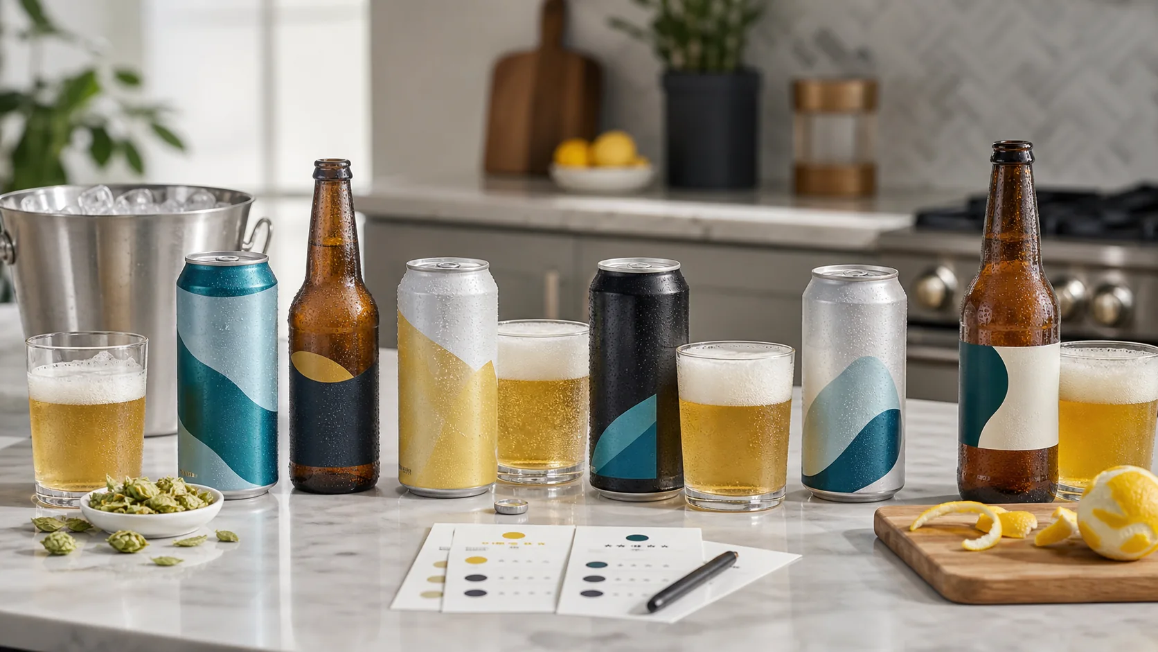 Non-alcoholic beer cans and bottles arranged for a tasting on a kitchen counter.