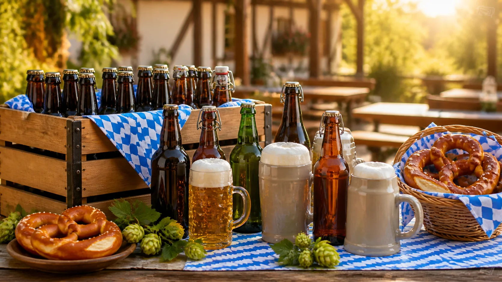 Oktoberfest-style beer bottles, steins, pretzels, hops, and a party crate on a beer garden table.